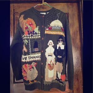 Knit cardigan sweater with Thanksgiving theme